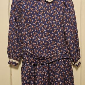 Gunne Sax Blue Floral Dress with Lace Detail